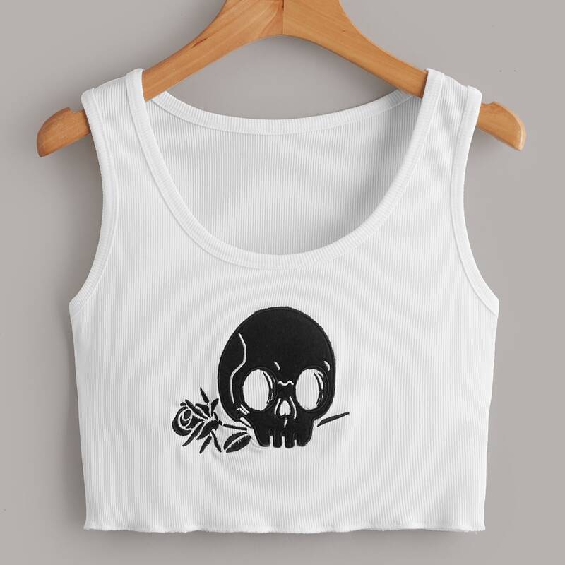 

Floral & Skull Embroidery Ribbed Crop Tank Top, White