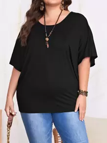 EMERY ROSE Plus Solid Batwing Sleeve Tee - Black - View 1