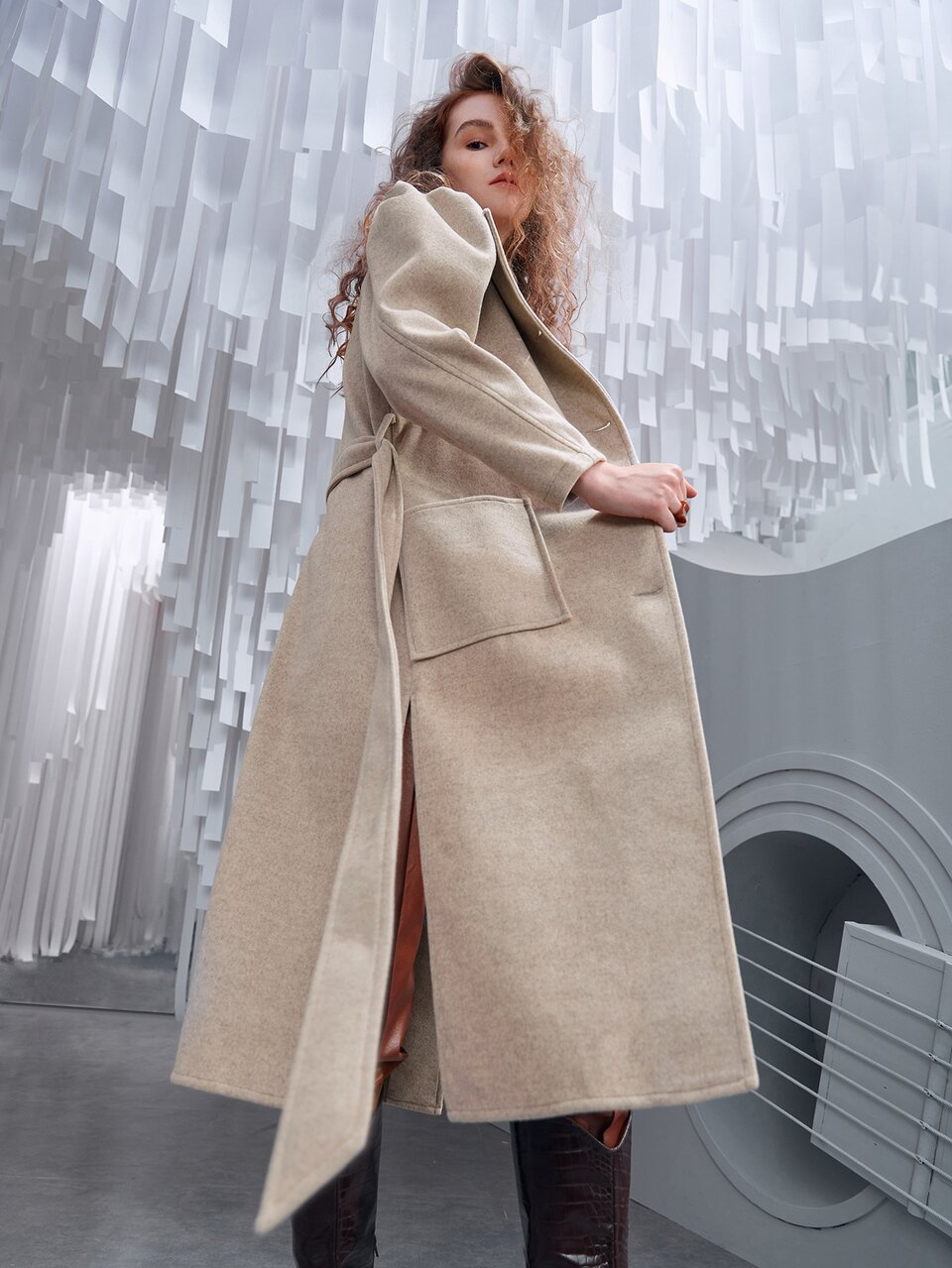 Dual Pocket Gigot Sleeve Belted Overcoat