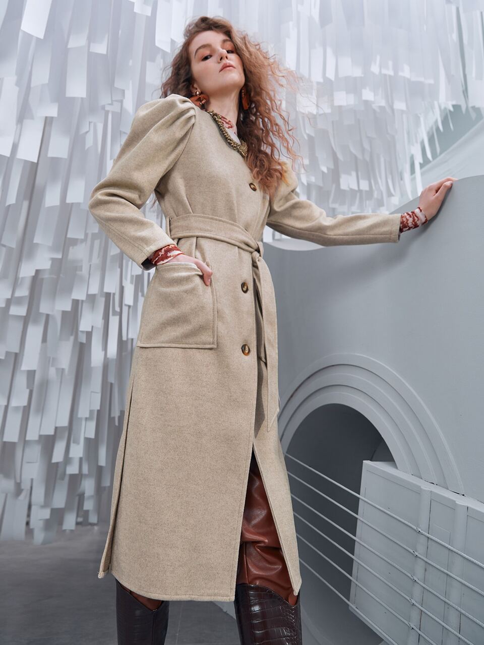 Dual Pocket Gigot Sleeve Belted Overcoat