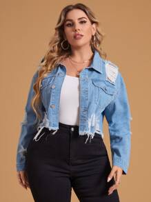 SHEIN Essnce Plus Ripped Frayed Hem Drop Shoulder Denim Jacket - Light Wash - View 1