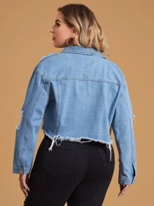 SHEIN Essnce Plus Ripped Frayed Hem Drop Shoulder Denim Jacket - Light Wash - View 2