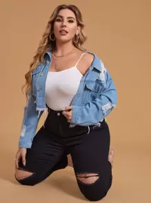 SHEIN Essnce Plus Ripped Frayed Hem Drop Shoulder Denim Jacket - Light Wash - View 3