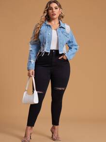 SHEIN Essnce Plus Ripped Frayed Hem Drop Shoulder Denim Jacket - Light Wash - View 5