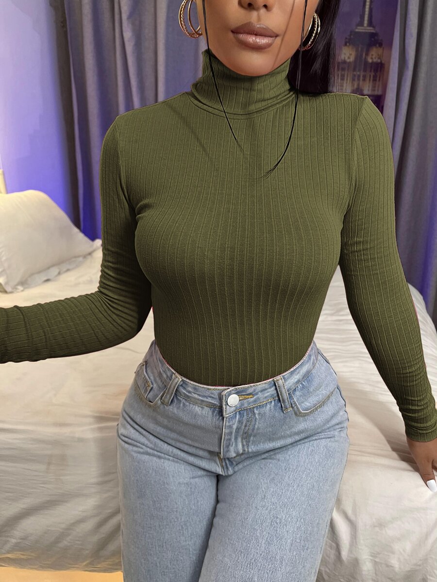 SHEIN Essnce Áo thun nữ Gân đan màu trơn Thanh lịch - xanh quân đội - Xem 1