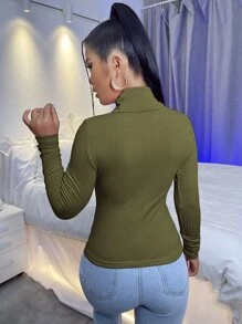 SHEIN Essnce Áo thun nữ Gân đan màu trơn Thanh lịch - xanh quân đội - Xem 2