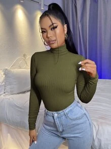 SHEIN Essnce Áo thun nữ Gân đan màu trơn Thanh lịch - xanh quân đội - Xem 4