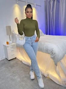 SHEIN Essnce Áo thun nữ Gân đan màu trơn Thanh lịch - xanh quân đội - Xem 5