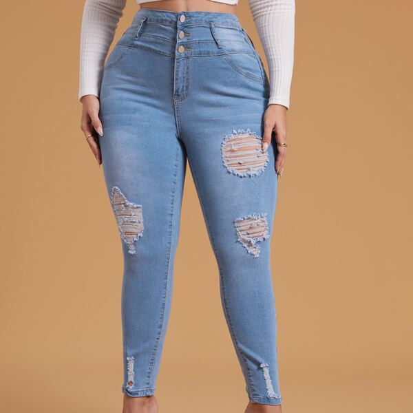 

Plus High Waist Bleach Wash Ripped Skinny Jeans, Medium wash