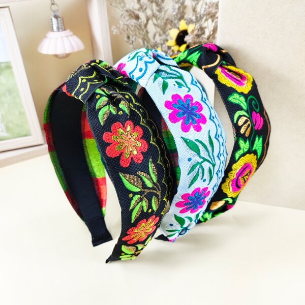 

3pcs Flower Embroidered Hair Hoop, Multicolor