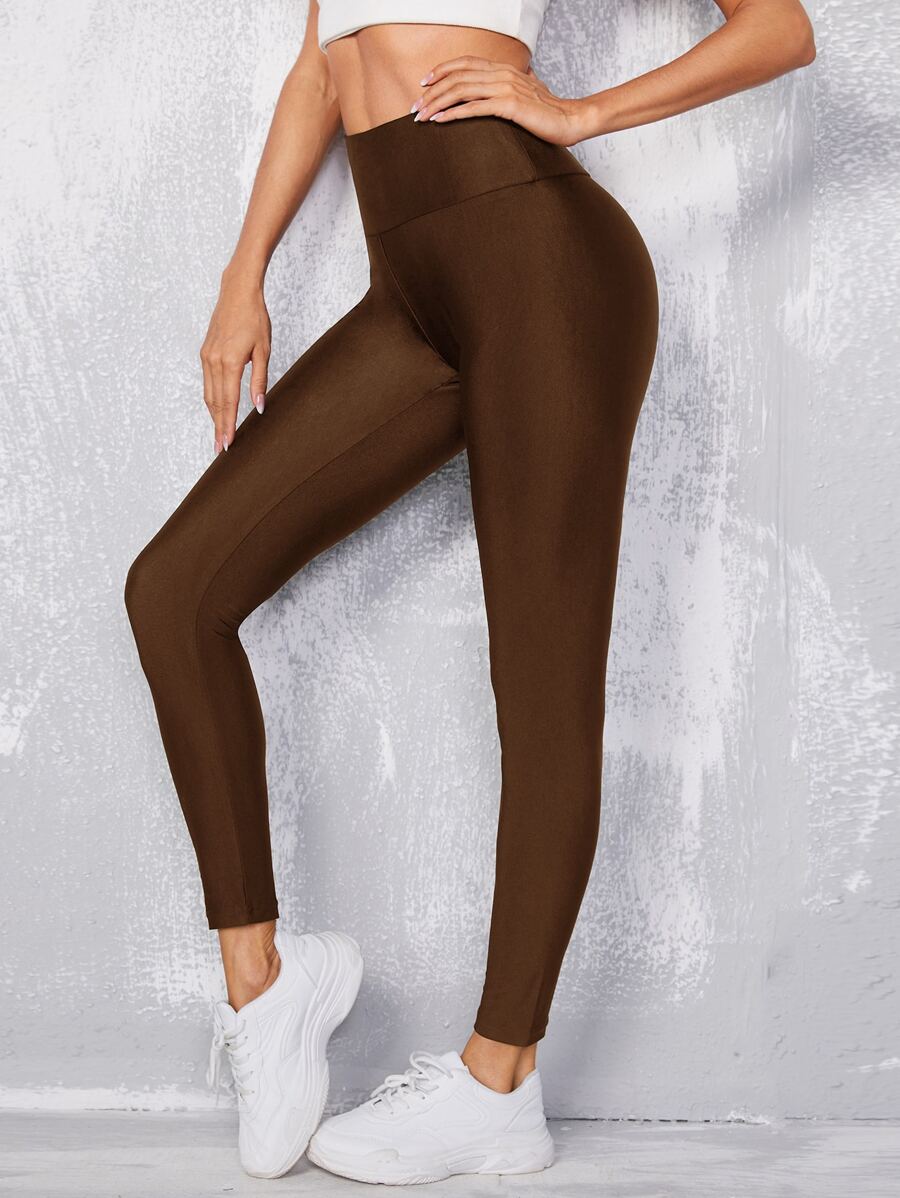 SHEIN EZwear High Waist Wide Waistband Leggings - Coffee Brown - View 1
