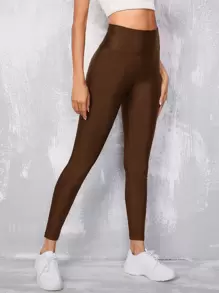 SHEIN EZwear High Waist Wide Waistband Leggings - Coffee Brown - View 4