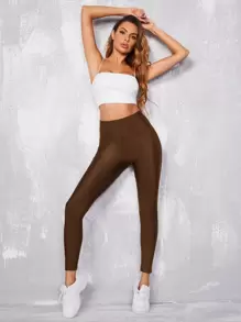 SHEIN EZwear High Waist Wide Waistband Leggings - Coffee Brown - View 5