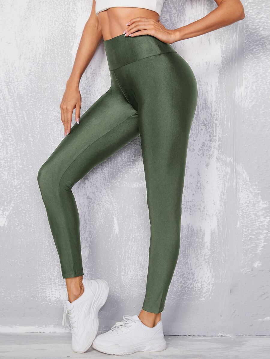 SHEIN EZwear High Waist Wide Waistband Leggings - Dark Green - View 1