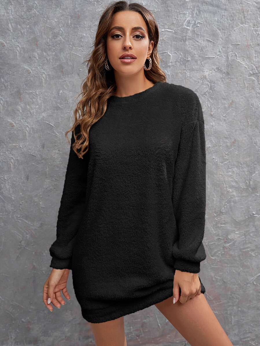 SHEIN LUNE Đầm nỉ Thả vai Teddy - màu đen - Xem 1