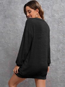 SHEIN LUNE Đầm nỉ Thả vai Teddy - màu đen - Xem 2