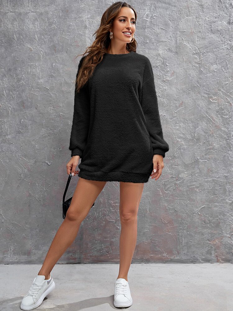 SHEIN LUNE Đầm nỉ Thả vai Teddy - màu đen - Xem 6