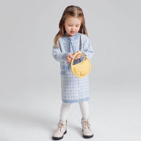 

Toddler Girls Plaid Pattern Cardigan & Sweater Dress, Blue and white