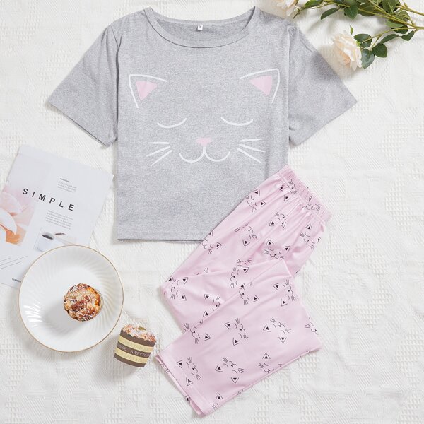 

Cartoon Cat Print Pajama Set, Multicolor