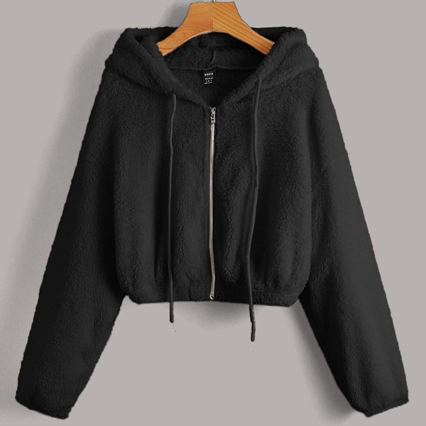 

Zipper Front Drawstring Detail Teddy Jacket, Black