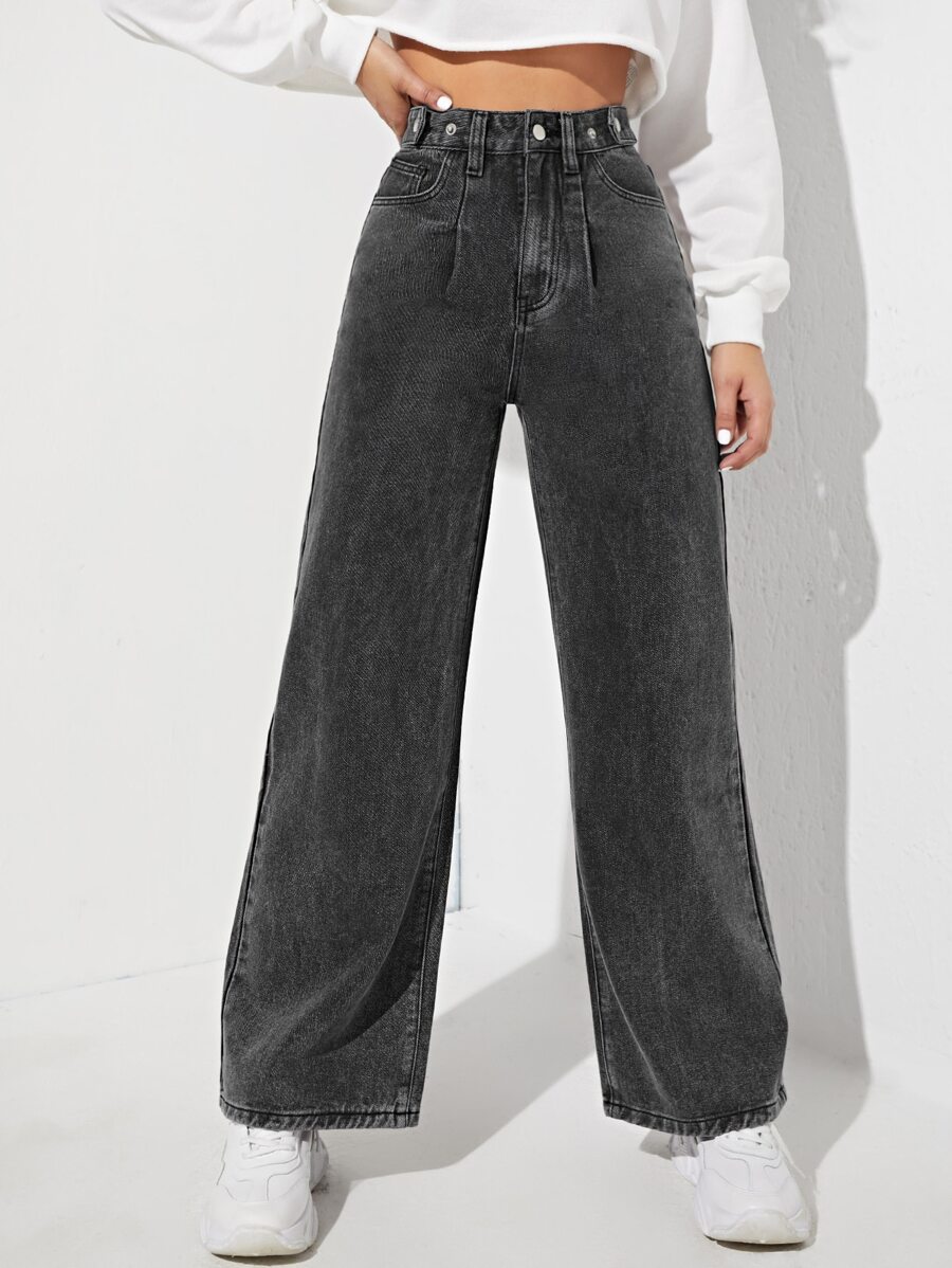 SHEIN EZwear 拉鏈門襟闊腿牛仔褲 - 黑色 - 查看 1