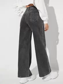 SHEIN EZwear 拉鏈門襟闊腿牛仔褲 - 黑色 - 查看 2