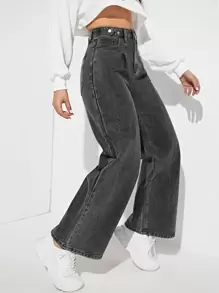 SHEIN EZwear 拉鏈門襟闊腿牛仔褲 - 黑色 - 查看 3