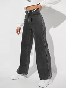 SHEIN EZwear 拉鏈門襟闊腿牛仔褲 - 黑色 - 查看 4