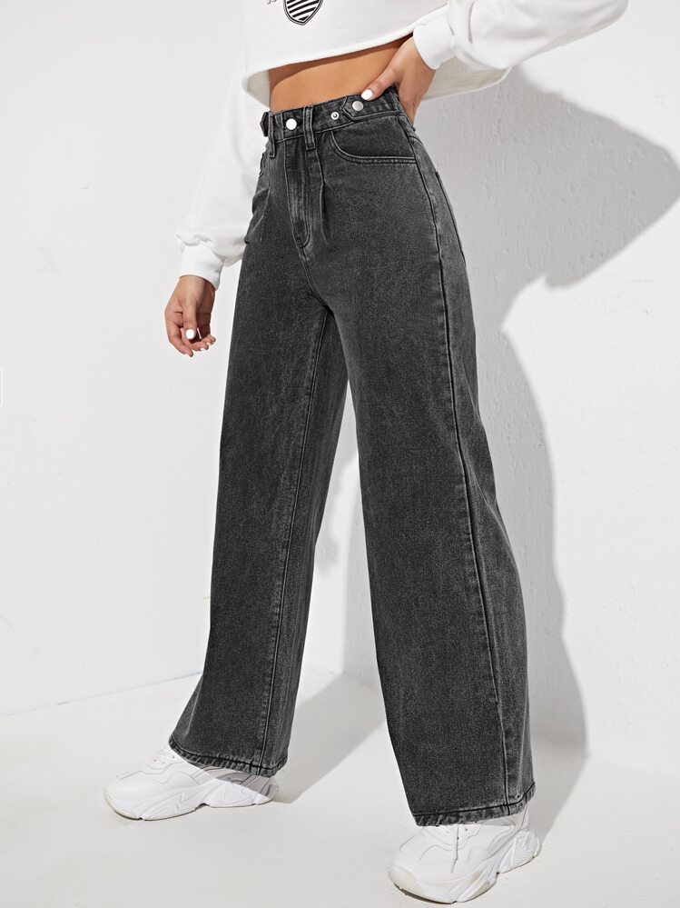 SHEIN EZwear Zipper Fly Wide Leg Jeans - Black - View 4