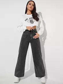 SHEIN EZwear 拉鏈門襟闊腿牛仔褲 - 黑色 - 查看 5