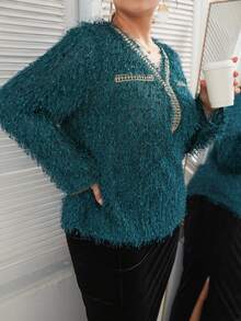 SHEIN Unity Plus Guipure Lace Detail Fuzzy Blouse - Blue - View 3