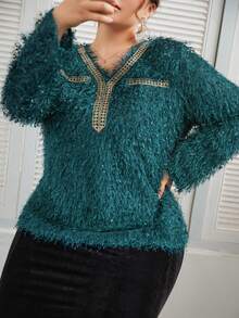 SHEIN Unity Plus Guipure Lace Detail Fuzzy Blouse - Blue - View 4