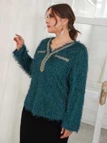 SHEIN Unity Plus Guipure Lace Detail Fuzzy Blouse - Blue - View 5