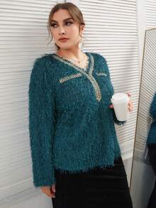 SHEIN Unity Plus Guipure Lace Detail Fuzzy Blouse - Blue - View 6