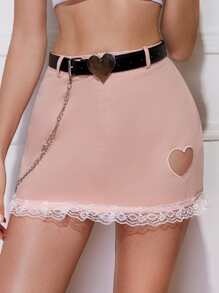 Spicy Aura Lace Trim School  Costume Skirt With Belt - Pink - View 3