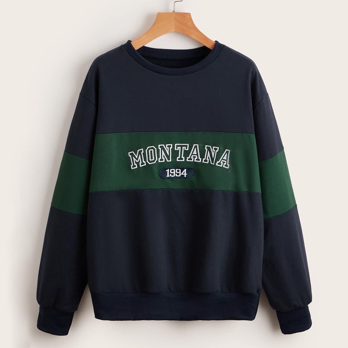

Letter Embroidery Colorblock Sweatshirt, Navy blue