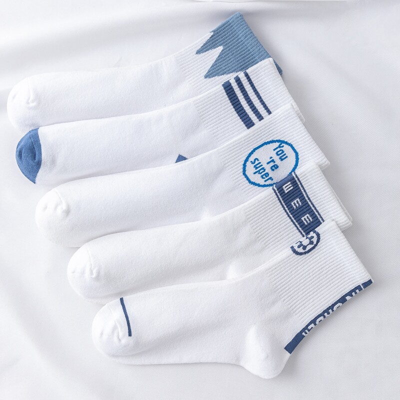 

5pairs Striped Print Crew Socks, Blue and white