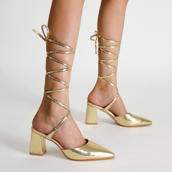 

Metallic Snake Embossed Tie Leg Pumps, Gold
