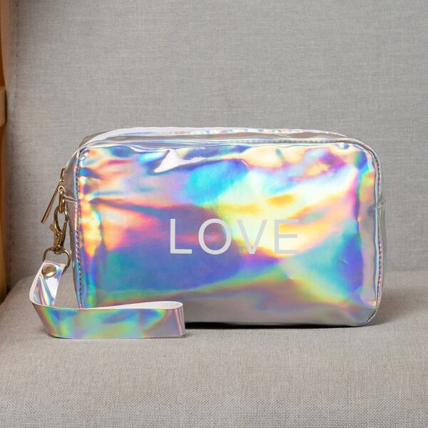 

Letter Graphic Holographic Square Bag, Silver