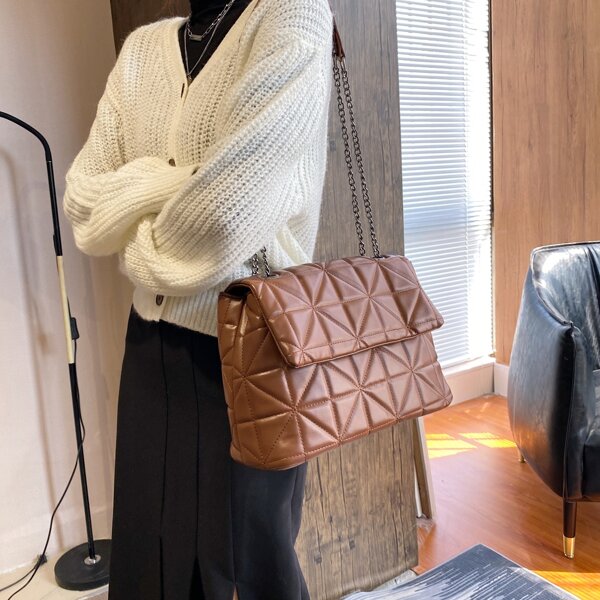 

Textured Chain Square Bag, Brown