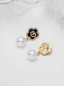 Faux Pearl & Flower Decor Drop Earrings Valentines,Mom,Mother,Mother's Day,Gift - Black and White - View 2