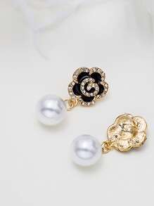 Faux Pearl & Flower Decor Drop Earrings Valentines,Mom,Mother,Mother's Day,Gift - Black and White - View 3