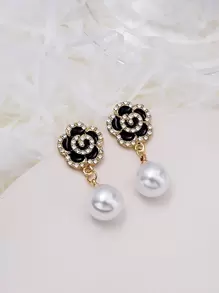 Faux Pearl & Flower Decor Drop Earrings Valentines,Mom,Mother,Mother's Day,Gift - Black and White - View 4