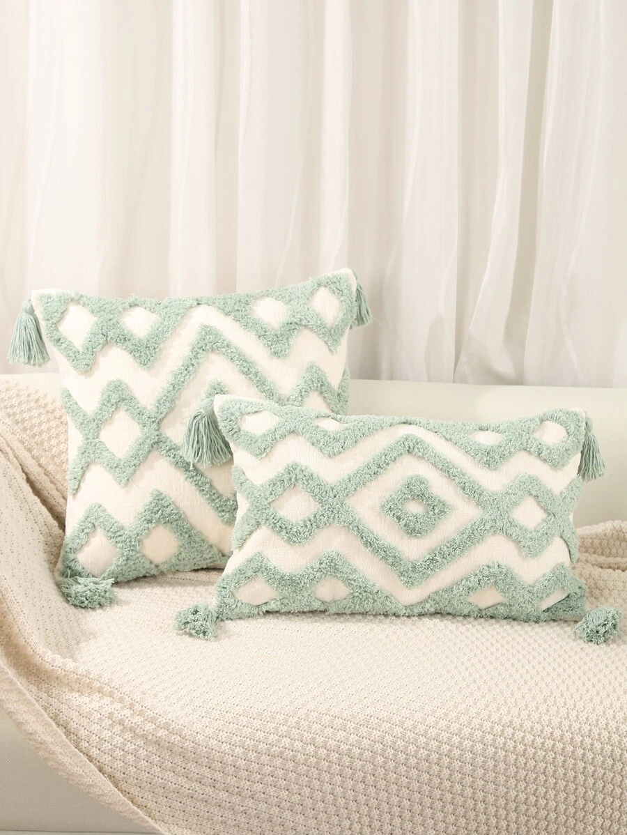 1pc Tassel Decor Cushion Cover Without Filler - Green - View 1