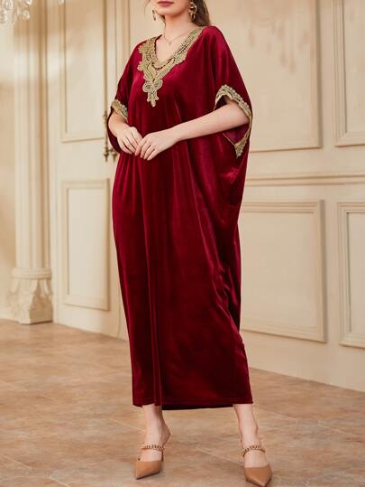 Al Najma Burgundy Red Guipure Lace Panel Batwing Sleeve Velvet
