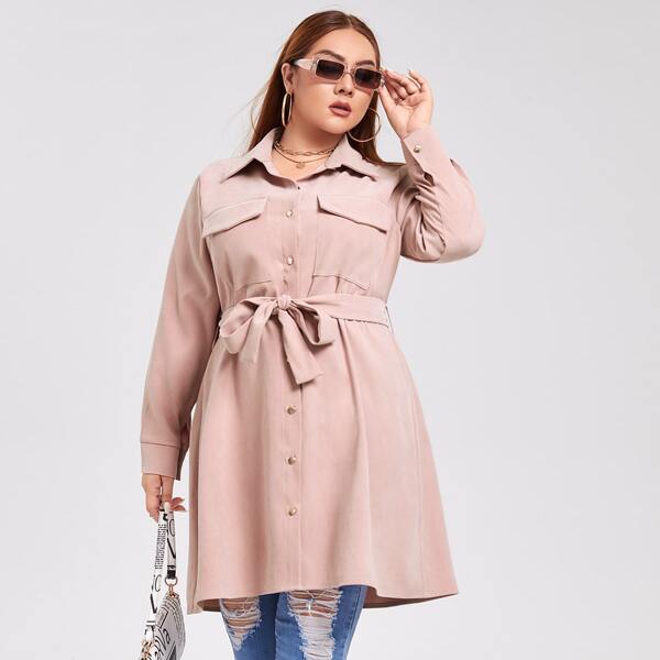 

Plus Flap Pocket Button Front Belted Coat, Dusty pink