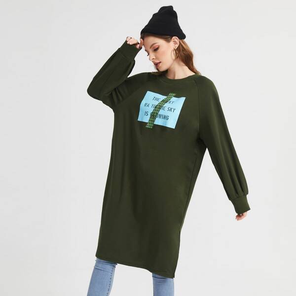 

Plaid & Slogan Graphic Raglan Sleeve Longline Sweatshirt, Army green