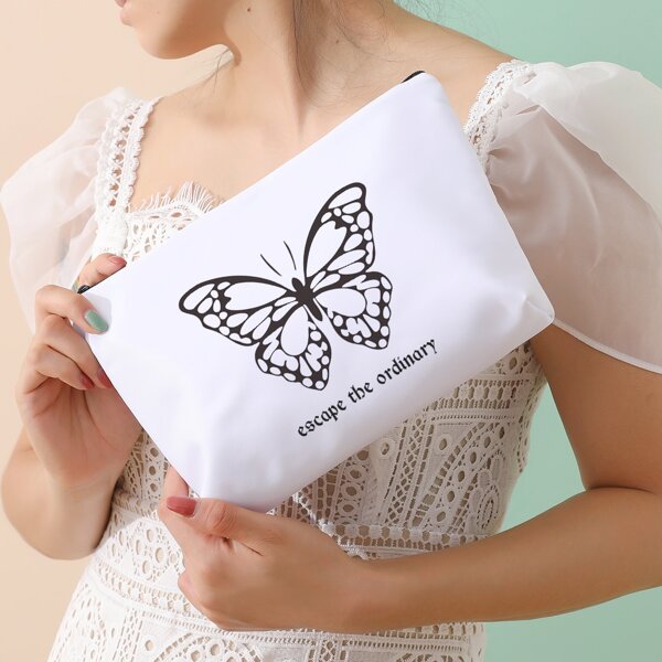 

Butterfly Pattern Zippered Makeup Bag, Black and white