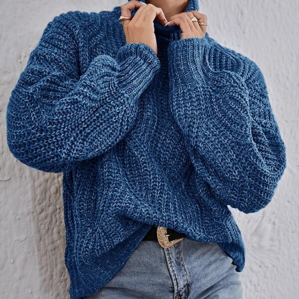 

High Neck Drop Shoulder Sweater, Blue