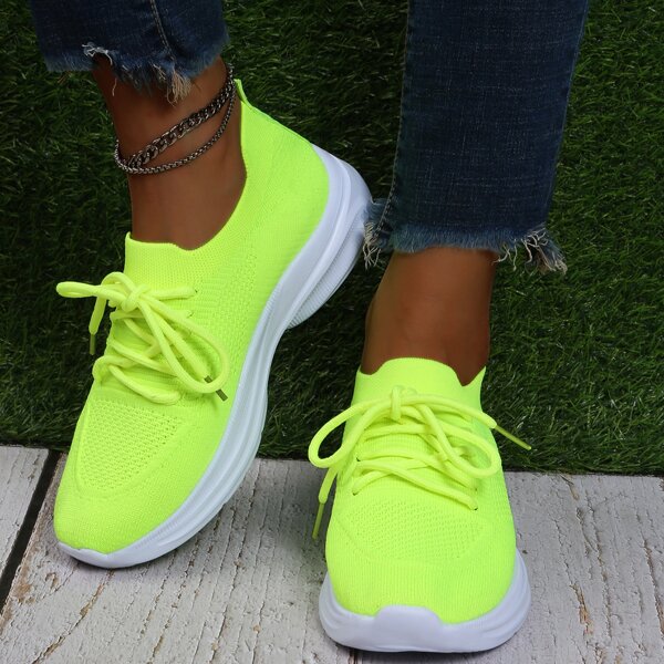 

Minimalist Lace Up Decor Knit Running Shoes, Green